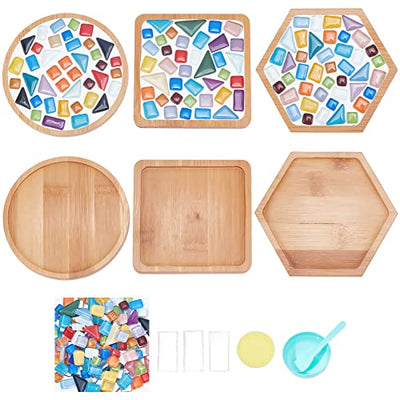 WEBEEDY 3 Sets Glass Mosaic Tiles Mosaic Kit with Bamboo Coaster DIY Mosaic Coaster Kit DIY Mosaic Crafts Kits Mosaic Coaster Making Kit for Drinks