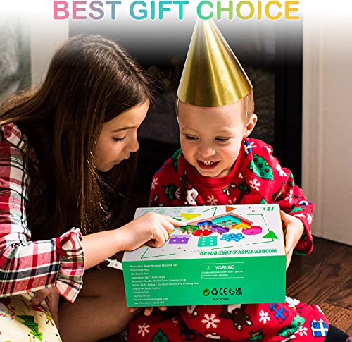 HELLOWOOD Wooden Sorting & Stacking Toys, Montessori Toys for 1 2 3 Years Old Toddlers, Shape Sorter Puzzles with 24-Piece Large Geometric Blocks & HELLOWOOD