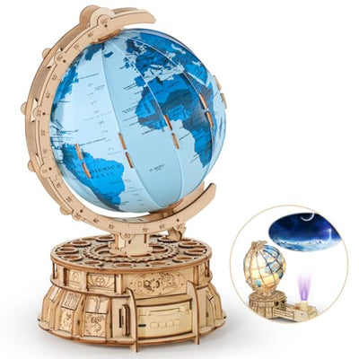 MIEBELY 3D Wooden Puzzles for Adults USB Charging Illuminated Globe Music Box DIY LED Wood Model Building Kits with Space Projector Stem toys