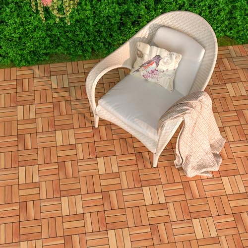 TimberWave Pack of 20 Deck Tiles, Solid Acacia Wood Floor Tiles, Patio Tiles Outdoor Interlocking Waterproof All Weather (12"x12" - 12 Slat, Golden TimberWave