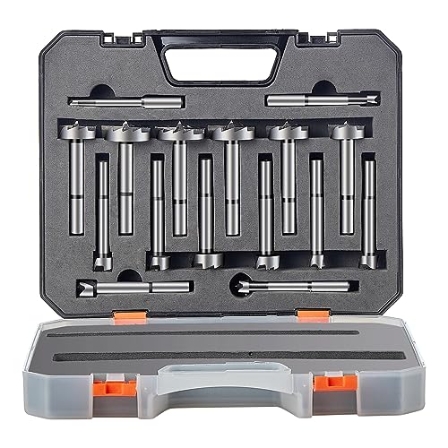 VEVOR Forstner Bit Set, 16 Pcs Forstner Drill Bits Set, 1/4" to 1-5/8", Carbon Steel, with Universal Round Shank, Forstner Drill Bit for Wood and VEVOR
