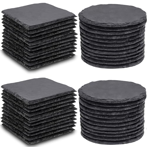 MAPRIAL 48 PCS Slate Coasters Bulk, 4 Inch Black Coasters for Drinks, 24 PCS Natural Square Slate Coasters and Round Stone Coasters for Coffee, MAPRIAL