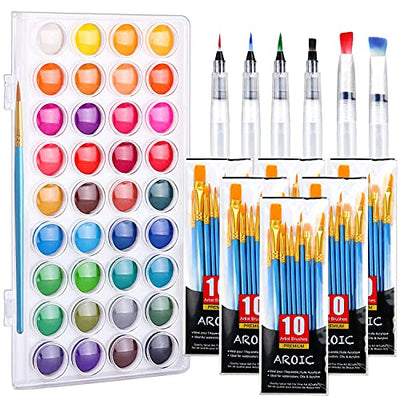 AROIC 36 Colors Watercolor Paint Set, Watercolor Pan Set with 70 Nylon Brushes and 6 Refillable Water Brushes. Perfect for Adults, Children and