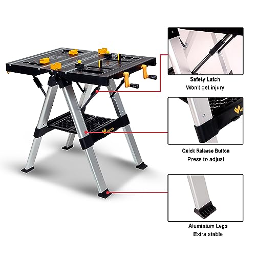 WORKESS Portable Workbench & Sawhorse, 440Lbs/1000Lbs Capacity Heavy Duty Folding Work Table, 21.5"-32.5" Adjustable Height with Clamping System, 2 x WORKESS