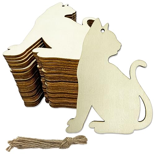 30pcs Unfinished Cat Wood DIY Crafts Cutouts Wooden Cat Shape Cutouts Blank Hanging Ornaments for Pets Themed Birthday Halloween Christmas Party JEKEJIAJIU