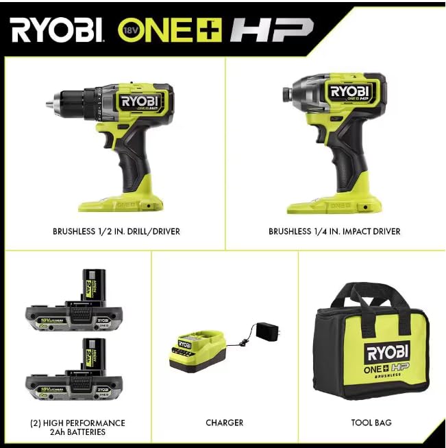 ONE+ HP 18V Brushless Cordless Combo Kit w/ 1/2 in. Drill, 1/4 in. Impact Driver (2) 2.0 Ah Batteries, Charger and Bag RYOBI