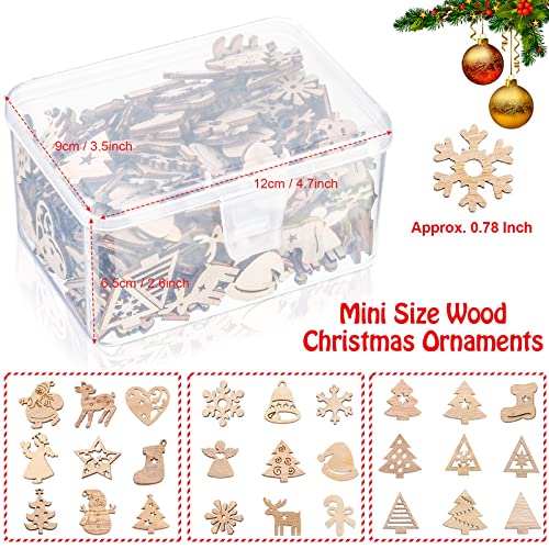 200 Pieces Christmas Unfinished Mini Wooden Ornaments Halloween Thanksgiving DIY Mini Wood Blank Cutouts with Storage Box and Twine for Christmas Yookeer