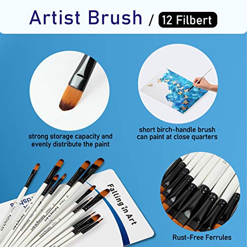 Falling in Art Paint Brushes Set, 12 PCS Nylon Professional Filbert Paint Brushes for Watercolor, Oil Painting, Acrylic, Face Body Nail Art, Crafts, Falling in Art