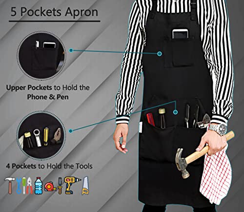 RUVANTI Work Aprons for Men/Women with Pockets - Adjustable up to XXL - Professional Grade Durability - Black Apron for Barber, Chef, BBQ, Kitchen, RUVANTI
