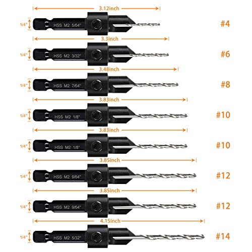 8 Pack Woodworking Countersink Drill Bits Set 3in1, Heavy Duty M2 Pilot Drill Bits Depth Adjustable, 82-Degree Chamfer, 1/4” Hex Shank, for DECKRKAT
