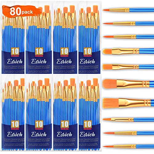 ESRICH Acrylic Paint Brushes Set,8Packs /80 Pcs, Nylon Brush Head, Suitable for Acrylic, Oil, Watercolor,Rock Body Face Nail Art,Perfect Suit of Art ESRICH