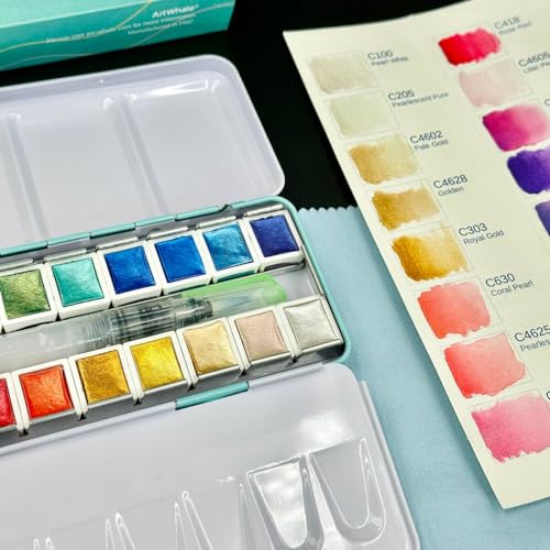 Art Whale Metallic Watercolor 24 Colors in Half-Pans with Waterbrush - Highly Pigmented Tin Box for Painters, Professionals, Beginners, Hobbyists, Art Whale