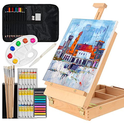 Kuyal Art Kit, 45 Piece Wooden Paint Set Crafts Drawing Painting Kit with Box Easel and 18 Acrylic Oil Paint Colors, 12 Color Pencil Etc. for Teens