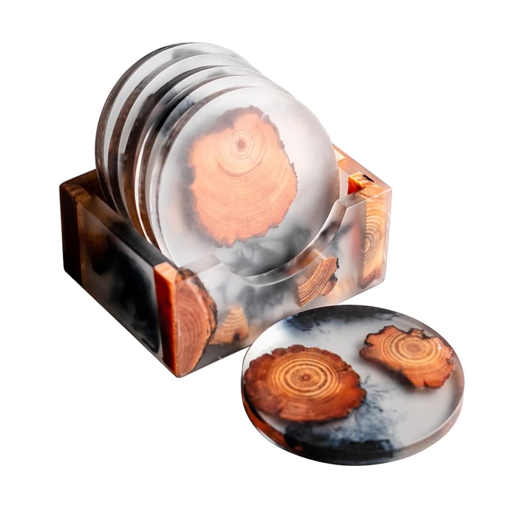 DIYOMR Set of 6 Wood Coasters with Holder, Resin Epoxy Coaster for Drinks, Cool Coaster Art for Home Office Coffee Bar Table Protection Decor (6 DIYOMR