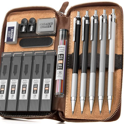 Nicpro 17PCS Metal 2mm Mechanical Pencil Set in Leather Case, 5 PCS 2.0 mm Lead Pencil Holders (4B 2B HB 2H 4H) 6 Tube Black Colored Lead Refills,