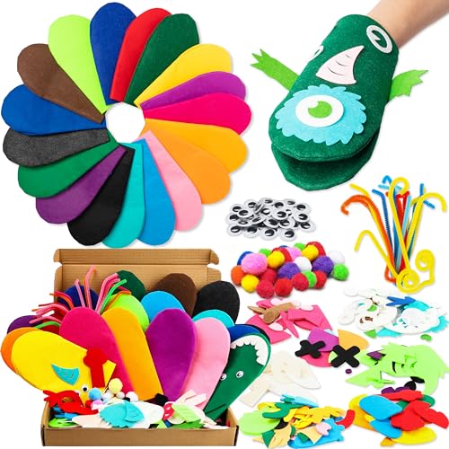 WATINC 18Pcs Hand Puppets Making Kit for Kids Art Craft Felt Sock Monster Puppet Creative DIY Make Your Own Puppets Pipe Cleaners Pompoms WATINC