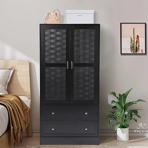 LEVNARY Armoire Wardrobe Closet with 2 Woven Doors, Wardrobe Cabinet with 2 Storage Drawers and Hanging Rail, Freestanding Wooden Closet for Bedroom LEVNARY