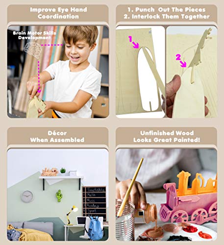 Puzzled 3D Puzzle Rolling Locomotive Train Wood Craft Construction Model Kit, Fun & Educational DIY Wooden Toy Assemble Unfinished Crafting Hobby Puzzled