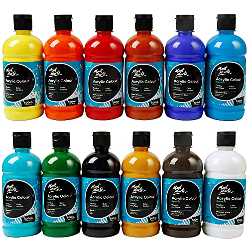 MONT MARTE Signature Acrylic Color Paint Set, 12 x 16.9oz (500ml), Semi-Matte Finish, 12 Colors, Suitable for Canvas, Wood, Fabric, Leather, MONT MARTE