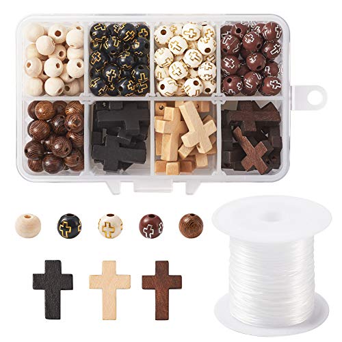 Pandahall 170Pcs 8mm Round Acrylic&Wooden Beads and 30Pcs 22x15.5mm Natural Wooden Cross Pendants Beads Charm with 0.8mm Crystal Elastic String for PH PandaHall