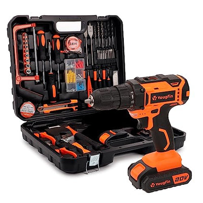YOUGFIN 118 Pcs Power Tool Combo Kit with 20V Cordless Drill (3/8"), 2 Pack 1.5Ah Battery & Charger - Professional DIY Hand Tool Kit for Home, Garden