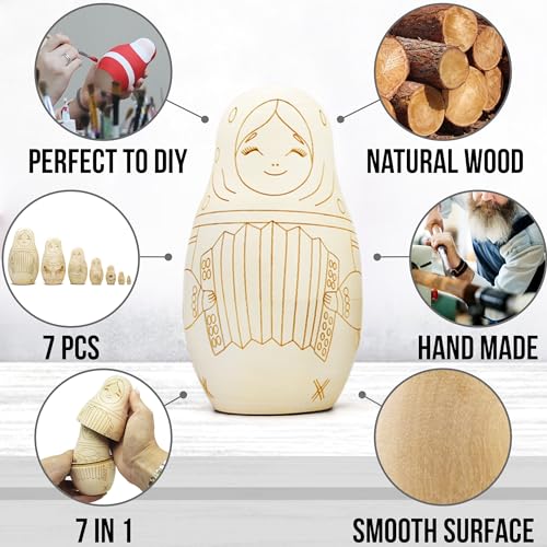 AEVVV Paint Your Own Matryoshka Doll Set 7 pcs - Blank Nesting Dolls for Coloring - Unpainted Russian Nesting Dolls - Unfinished Wood Crafts DIY AEVVV