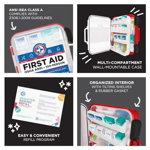 Be Smart Get Prepared First Aid Kit Hard Red Case 326 Pieces Exceeds OSHA and ANSI Guidelines 100 People - Office, Home, Car, School, Emergency, Be Smart Get Prepared