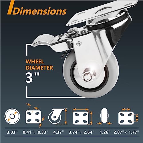 POWERTEC 3 Inch Swivel Caster Wheels Set of 4 with Brake & 880 lbs Loads, Heavy Duty Plate Casters, Dual Locking PU Castor Wheels for Furniture, POWERTEC
