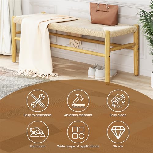 Recaceik Indoor Entryway Bench with Paper Cord Ottoman, Mid-Century Long Bench with Rubber Wood Legs, French Vanity End Bed Bench for Bedroom Living Recaceik