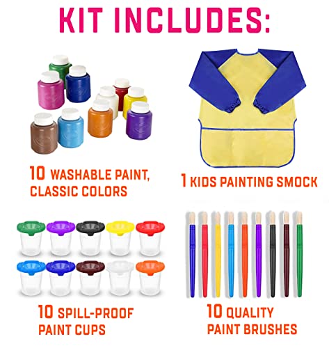 Washable Kids Paint 10 Colors, 10 No Spill Paint Cups For Kids With Lids, 10 Paint Brush Set, Waterproof Kids Smock – Christmas Gifts for Kids, The Mega Deals