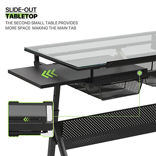 Magshion Drafting Table Desk Adjustable Height Artist Desk with Tilting Glass Tabletop and Sliding Wood Desktop, All-in-One Art Desk for Reading, Magshion