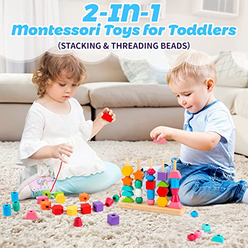 Montessori Wooden Beads Sequencing Toy Set, Stacking Blocks & Lacing Beads & Matching Shape Stacker for 2 3 4 5 Year Old STEM Preschool Learning Hieoby