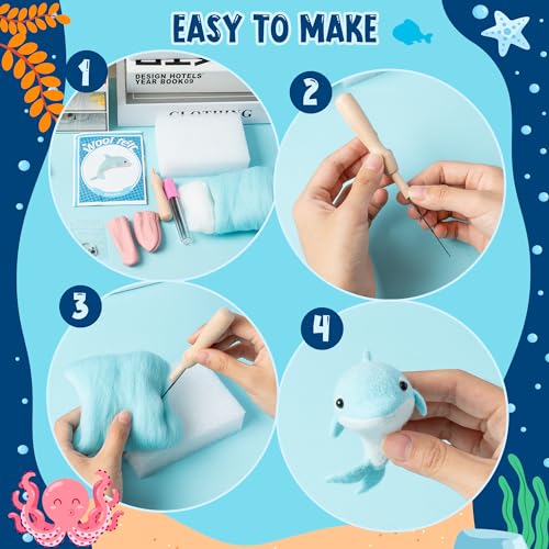 WATINC Set of 5 Sea Wool Needle Felting Kit, Ocean Animals Doll Making Wool Needle Felting Starter Kit, DIY 5 Unique Designs Needle Felting Craft WATINC