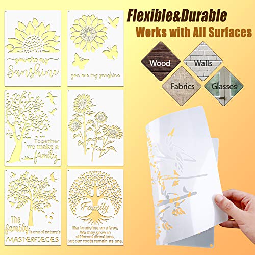 6 Pieces Sunflower Stencil Kit, Reusable Family Tree Stencil Flower Butterfly Painting Templates You are My Sunshine Stencil with Metal Open Ring for Zonon