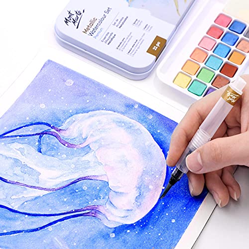 MONT MARTE Premium Metallic Watercolor Cake Set, 21 Piece, 18 Colors, 1 Water Brush, 1 Sponge, 4 Mixing Wells MONT MARTE