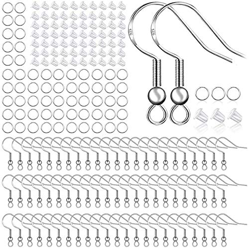 925 Sterling Silver Earring Hooks 150 PCS/75 Pairs,Ear Wires Fish Hooks,500pcs Hypoallergenic Earring Making kit with Jump Rings and Clear Silicone Huucky