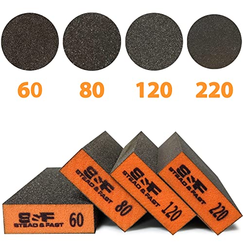 Sanding Sponge, 60 80 120 220 Coarse Medium Fine Grit Sanding Block, Sander Sponges for Drywall Metal, Sandpaper Sponge Sanding Blocks for Wood 4 Pcs S&F STEAD & FAST