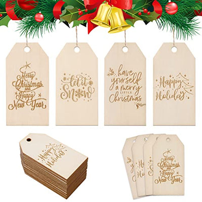 Whaline 32Pcs Christmas Wooden Gift Tags Rustic Happy Holiday Present Tags with 32.8Ft Jute Twine Xmas Wood Hanging Label Name Tags for Christmas