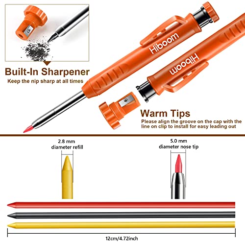 Hiboom 2 Pack Solid Carpenter Pencils with Pencil Cap and 18 Refills, Long Nose Deep Hole Mechanical Pencil Marker, Scribe Tool with Built-in Hiboom