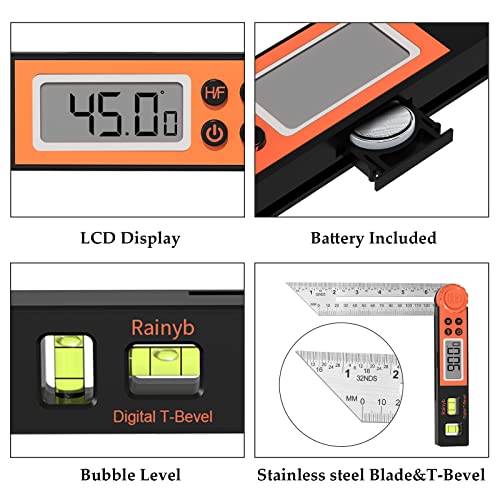 Digital Angle Finder Protractor 0-360 Degree T-Bevel Gauge & Protractor with Horizontal Vertical Bubble & Full LCD Display for Woodworking, Rainyb