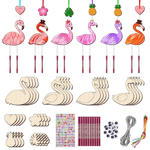 16 Pack Wind Chime Kits for Kids, Make Your Own Summer Flamingos Wind Chime DIY Coloring Heart Flower Pineapple Wooden Arts and Crafts Birthday Gifts TREACLUB
