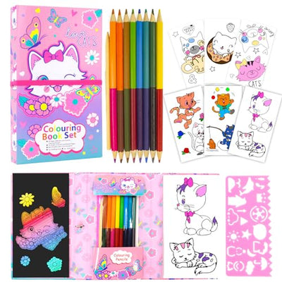YOYTOO Cat Coloring Pads Kit for Girls, Unicorn Coloring Book with 30 Coloring Pages 10 Rainbow Scratch Papers 16 Colored Pencils for Drawing