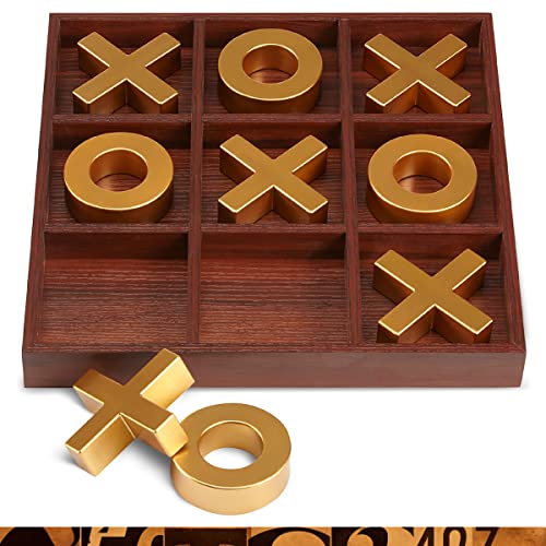 Refinery & Co. Premium Solid Wood Tic-Tac-Toe Board Game, Giant Gold 14” Coffee Table Home Decor, Classic Indoor/Outdoor Party Game for Children & Refinery