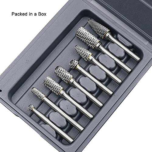 ASNOMY 8pcs Carbide Burr Set with 1/4''(6mm) Shank Double Cut Solid Carbide Rotary Burr Set Cutting Burrs for Die Grinder Drill, Metal Wood Carving, ASNOMY