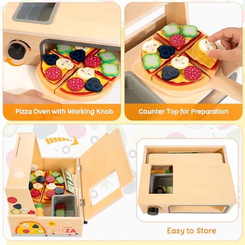 WOODMAM Wooden Pizza Toy - 48 PCS Montessori Pretend Play Food for Ages 3+, Educational Learning Toy Wooden Playset with Bake Oven, Christmas WOODMAM