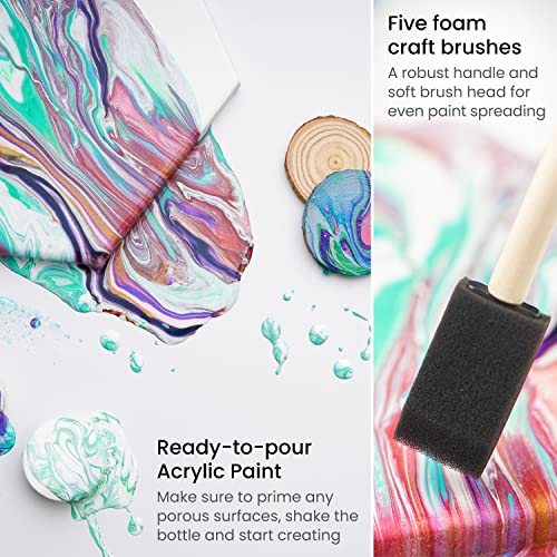 ARTEZA Acrylic Pouring Paint Kit, 36 Pieces, Bright and Iridescent Pouring Paint, Pearlized Paint, 3D Fabric Paint, Chunky Glitter, Wood Slices, ARTEZA