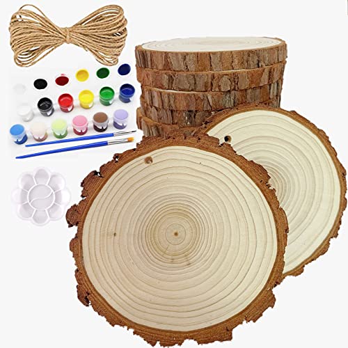 Natural Wood Slices Paint Set Supplies – 10 Pcs 3.5-4 inch Wood Rounds Acrylic Painting Kit, 2 Brushes, Palette