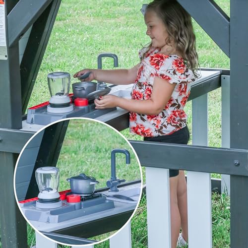 Backyard Discovery Whispering Point All Cedar Wooden Swing Set, Raised Club House, Grey Wave Slide, Web Swing, Climbing Wall, 2 Belt Swings, Crow's Backyard Discovery