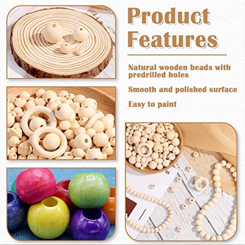 Wooden Beads for Crafts, 660 Pcs Natural Loose Wood Beads Rings Bulk Include Unfinished Beads with Holes, Smooth Wooden Ring, Polygon Spacer Beads Lucomb