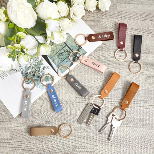 Wavyknot 200 Pack Personalized Leather Keychain Leather Kit PU Leather Keychain Blanks with Key Rings and Rivets Key Chain Blanks for DIY Craft Laser Wavyknot